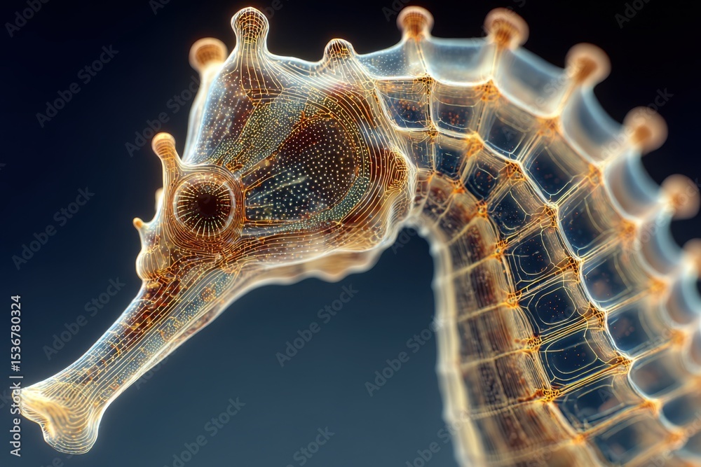 Poster digital seahorse with glowing circuitry, representing technological innovation and marine conservati