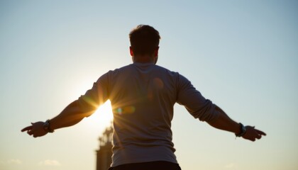 Silhouette of a Man with Outstretched Arms Against a Sunset Sky Symbolizing Freedom and Serenity