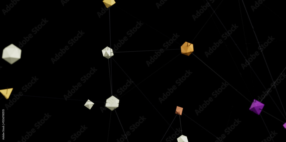 Poster Modern abstract background image featuring a network of connected geometric shapes in vibrant colors. Ideal for technology, connectivity, and networking co