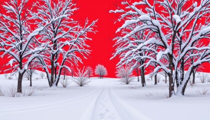 Snowy Winter Landscape with Bare Trees and Vivid Red Sky Creating a Striking Contrast