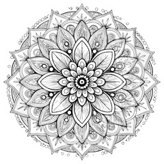 Intricate floral mandala design with detailed outlines in black and white  