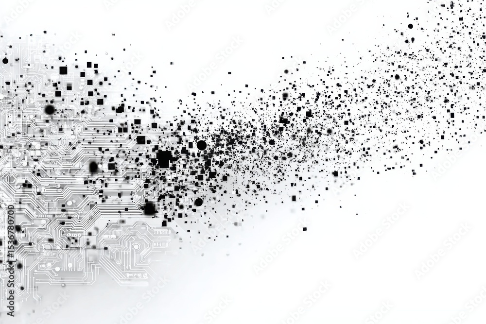 Poster circuit board and particles against white backdrop, representing digital transformation and technolo