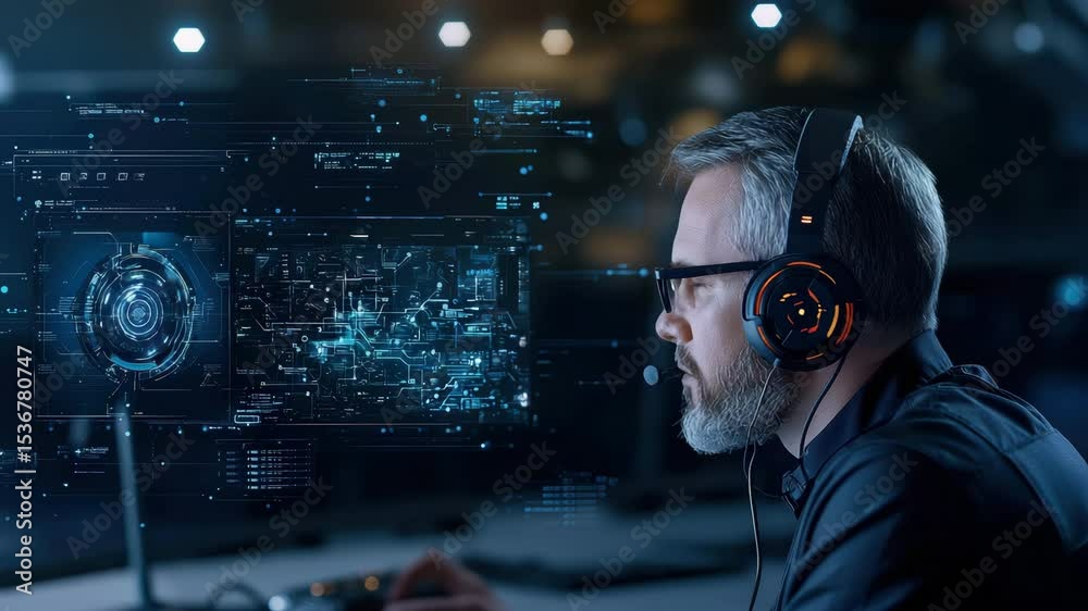 Poster a man with headphones intently works at a computer, interacting with futuristic digital holographic 