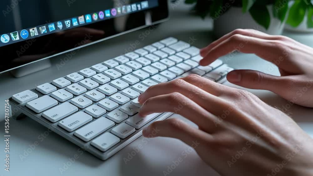 Aufkleber Hands typing on a white wireless keyboard in front of a computer monitor with desktop icons visible.