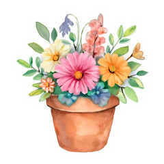Obraz premium Colorful bouquet of watercolor flowers in a terracotta pot 