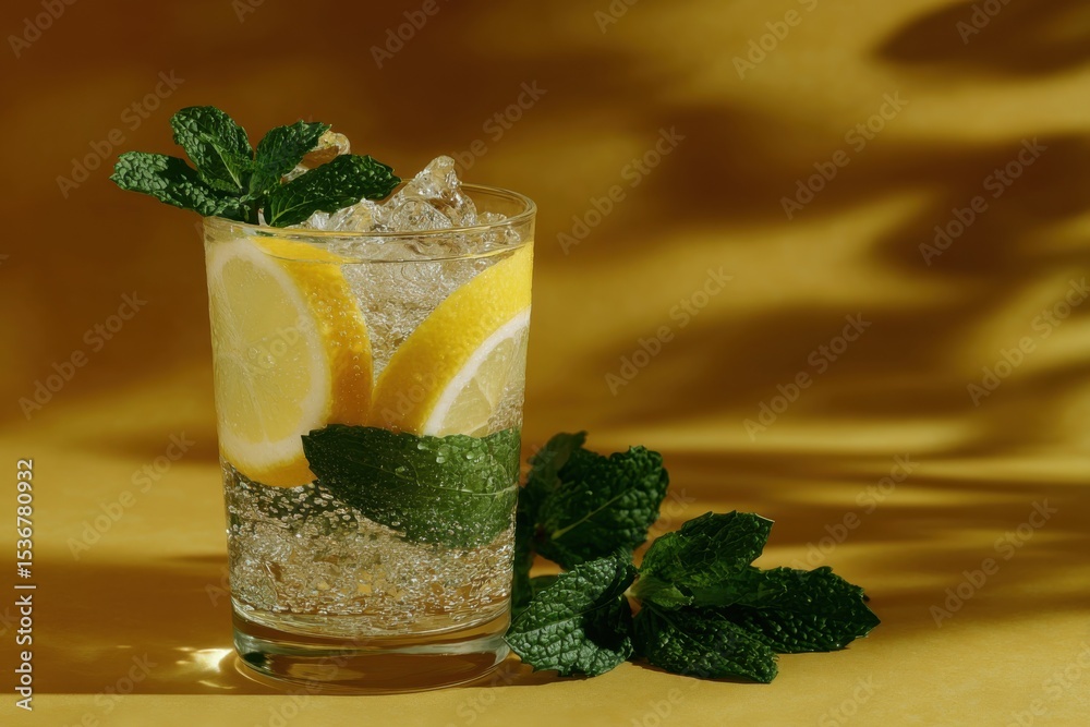 Poster refreshing lemonade with mint and ice cubes in glass, representing summer coolness and thirst quench