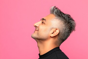 Obraz premium Fashionable men's disconnected undercut haircut - midlife indian man with short hair. A classy midlife man with a timeless look. Conceptual art of style for aging men. Pink solid background.