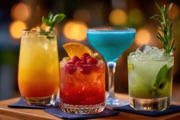 Fototapeta premium Assorted Colorful Cocktails on a Bar Top, Perfect for Restaurant Promotions and Refreshment Advertising, Representing Summer Relaxation and Celebration : Generative AI