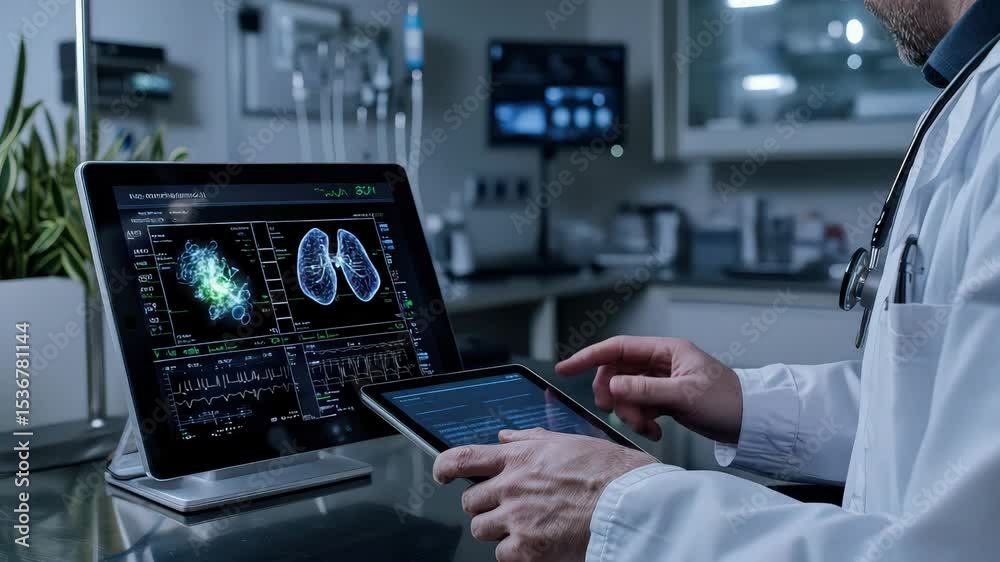 Poster A doctor reviews advanced medical imaging and analytics on a touchscreen tablet and monitor in a modern clinical setting.