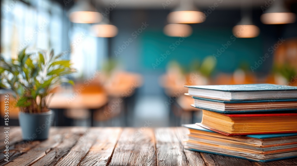 Poster stack of colorful books on wooden table in classroom, representing knowledge and academic achievemen