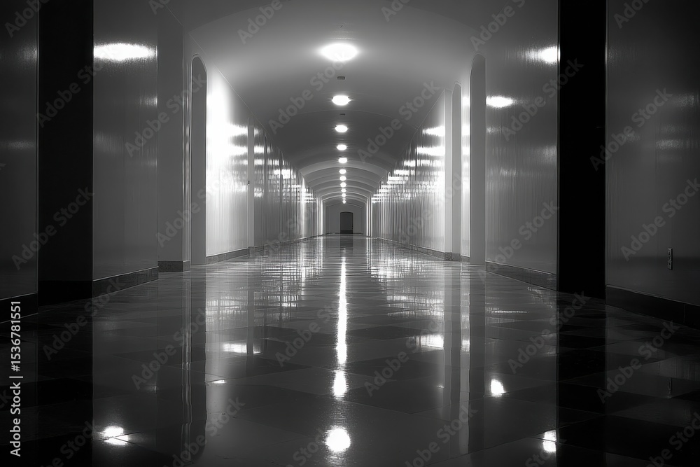 Poster long hallway with arches and shiny floor, representing a journey of self-discovery and inner reflect