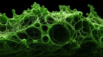 Nature conservation concept. A close-up view of a green, intricate mesh structure resembling plant cells or microscopic organic material. Selective focus.