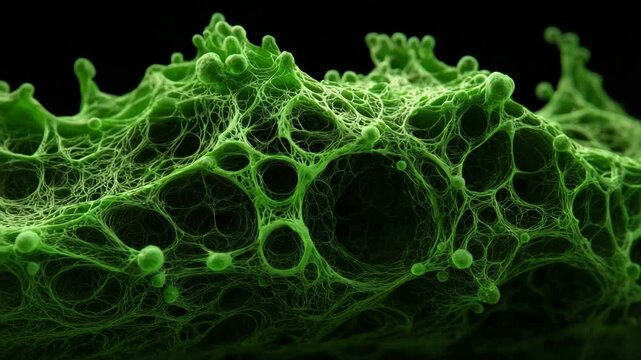 Nature conservation concept. A close-up view of a green, intricate mesh structure resembling plant cells or microscopic organic material. Selective focus.