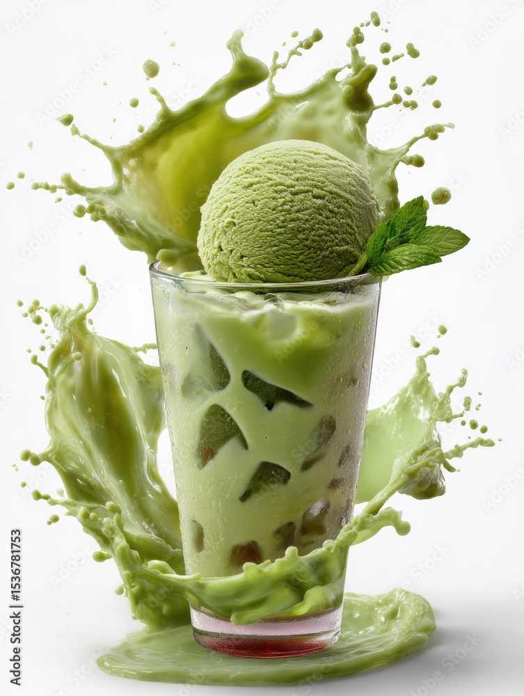 Poster refreshing matcha latte with ice cream and splashing liquid, showcasing culinary creativity and refr
