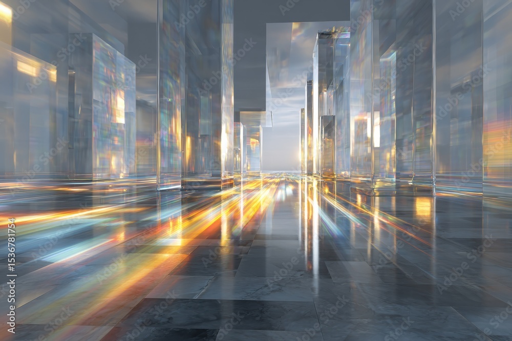 Poster abstract cityscape of crystal towers reflecting light, representing innovation and architectural vis