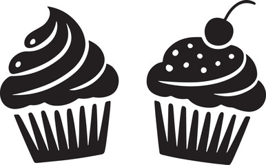 Simple black and white vector illustration of two delicious cupcakes with toppings