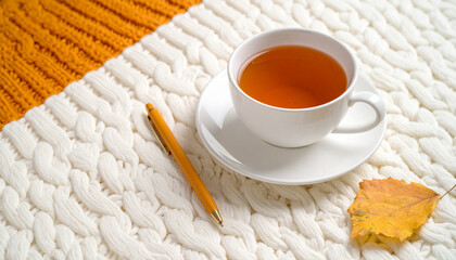Cup of tea with a pen on a cozy knitted blanket, accompanied by an autumn leaf