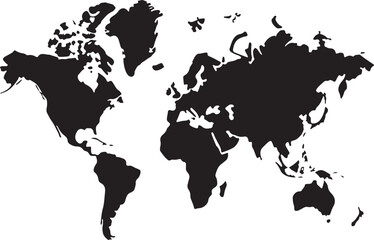 Simple black and white world map silhouette showing continents and global locations © MOHAMMAD