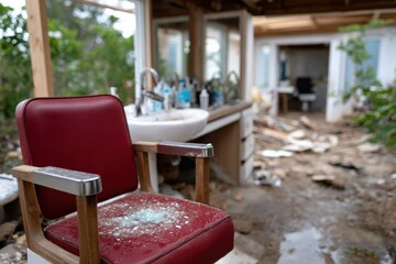 Fototapeta premium A solitary, broken chair in a dilapidated setting evokes feelings of abandonment and decay, emphasizing the contrast between human presence and nature reclaiming space.