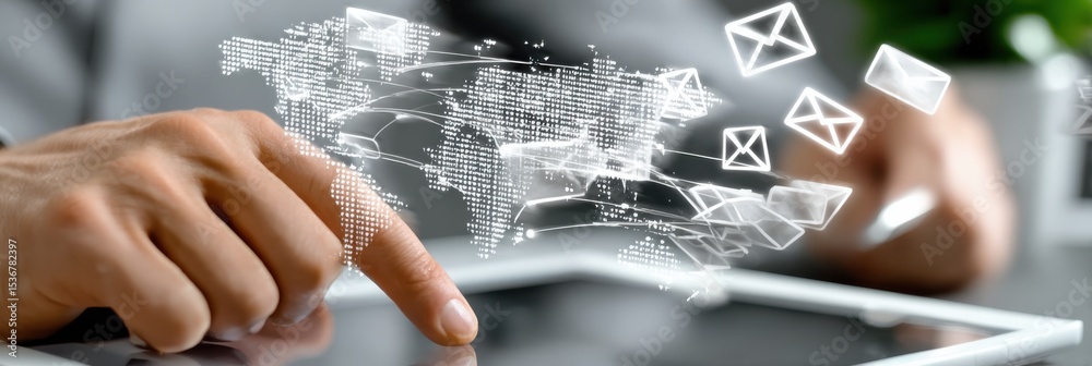 Poster finger tapping tablet displaying global network of email envelopes, representing digital communicati