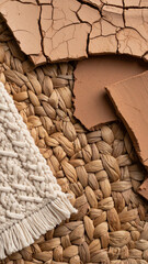 Earthy textures of cracked clay and woven materials with a fringed fabric, interior design moodboard