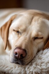 Golden Labrador Retriever Sleeping Peacefully on a Fluffy Blanket, Symbolizing Comfort and Pet Adoption : Generative AI
