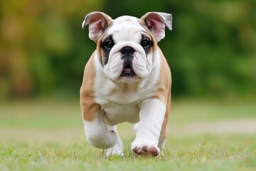 Fototapeta premium Adorable Bulldog Puppy Running on Green Grass, Symbolizing Joyful Pet Ownership and Veterinary Care : Generative AI