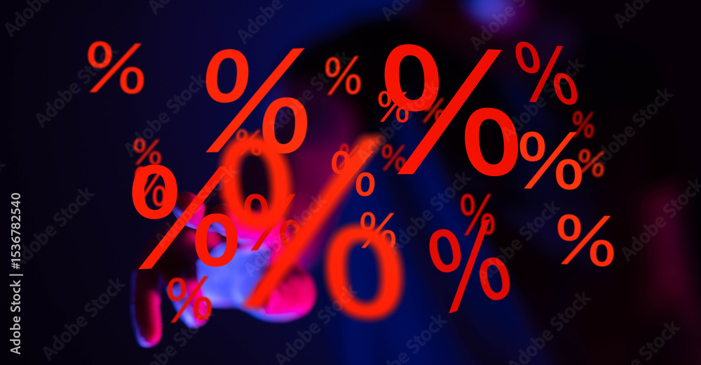 Poster abstract image of red percentage symbols floating, ideal for finance, sales, discount concepts.
