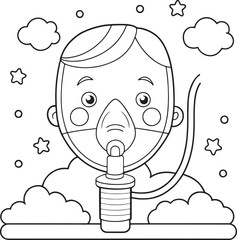 Cute cartoon child wearing oxygen mask coloring page