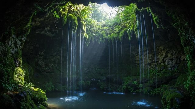 Serene waterfall cascading into a lush, green cave - Powered by Adobe