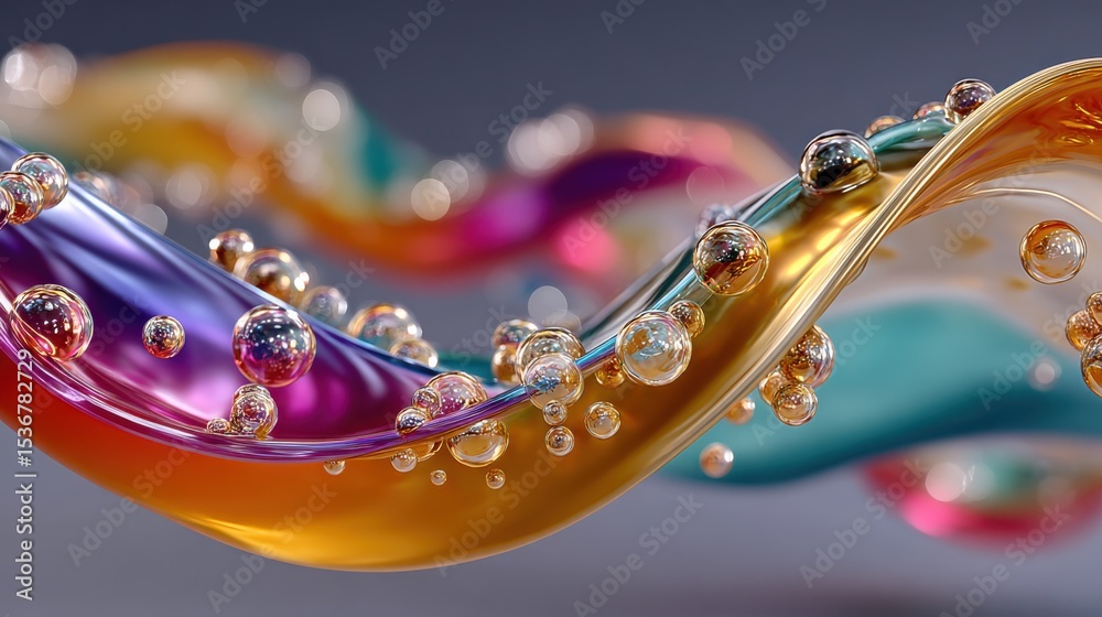 Poster abstract flowing liquid with golden bubbles, symbolizing innovation and fluidity for modern technolo