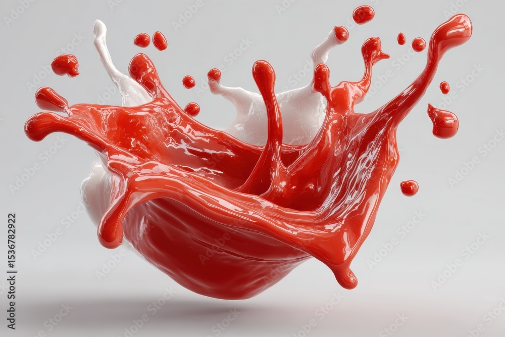 Poster Dynamic Red and White Liquid Splashes in Abstract Collision, Symbolizing Creative Innovation and Product Launch Excitement : Generative AI