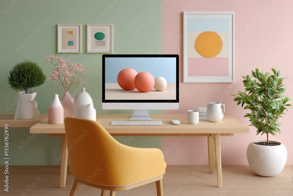 Poster modern home office setup with computer and plants, representing productivity and interior design ins