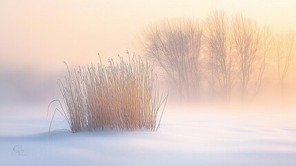 Winter sunrise fog over a field of tall grass