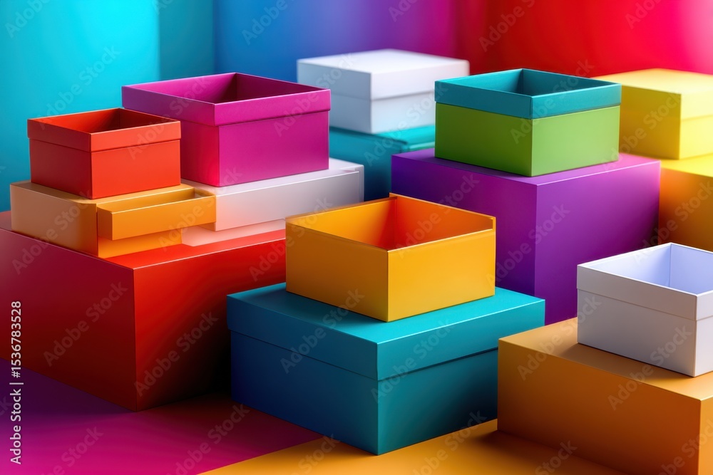 Poster stack of colorful boxes in minimalist style, symbolizing gifts and retail packaging for product pres