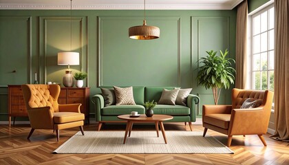 Contemporary living room featuring green sofa with two chairs and retro furniture style