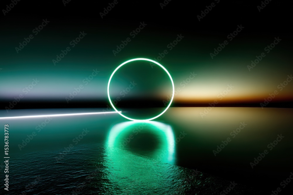 Poster Glowing Neon Circle on Reflective Surface, Symbolizing Innovation and Futuristic Technology in Product Presentation : Generative AI
