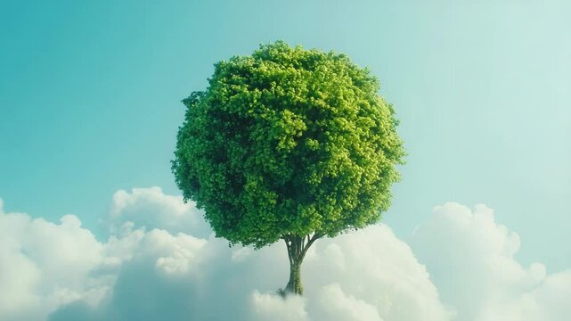 Nature conservation concept. A lush green tree stands alone, seemingly rooted atop soft, billowy white clouds under a bright blue sky. Selective focus.