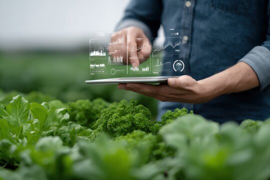 Farmer Analyzing Data on Tablet in Greenhouse, Showcasing Agricultural Technology and Precision Farming for Sustainable Growth and Innovation : Generative AI