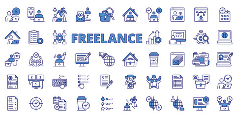 Freelance icons in line design blue. Freelance, remote work, digital nomad, laptop, home office, flexibility, self-employed on white background vector. Freelance editable stroke icons