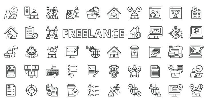Freelance icons in line design. Freelance, remote work, digital nomad, laptop, home office, flexibility, self-employed on white background vector. Freelance editable stroke icons