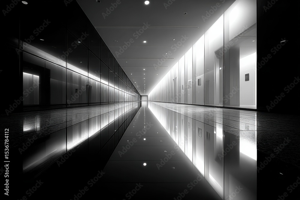 Aufkleber long hallway with polished floor and light reflections, showcasing modern architecture and corporate