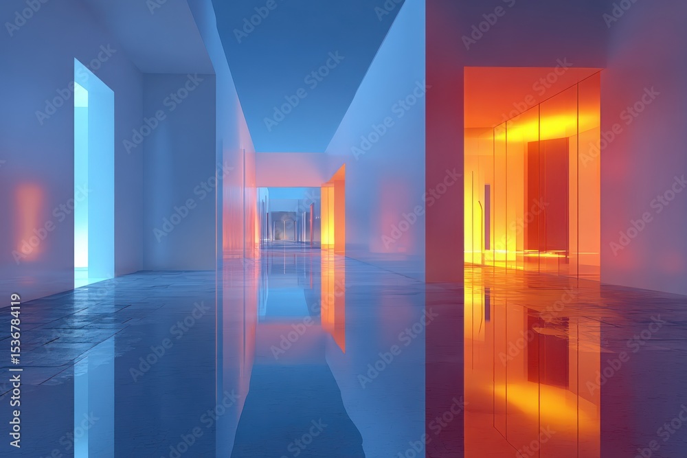 Poster abstract hallway with blue and orange lights, reflecting innovation and architectural design for fut