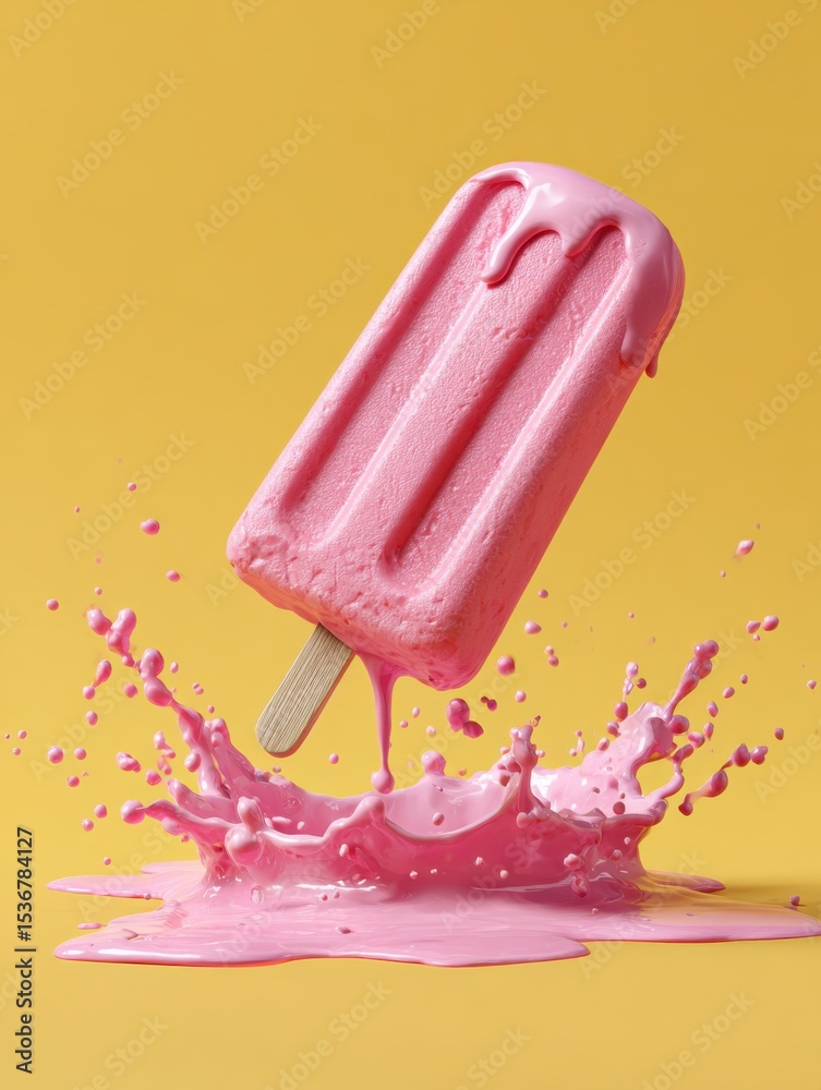 Poster pink popsicle melting and splashing against a yellow backdrop, showcasing sweet indulgence and summe