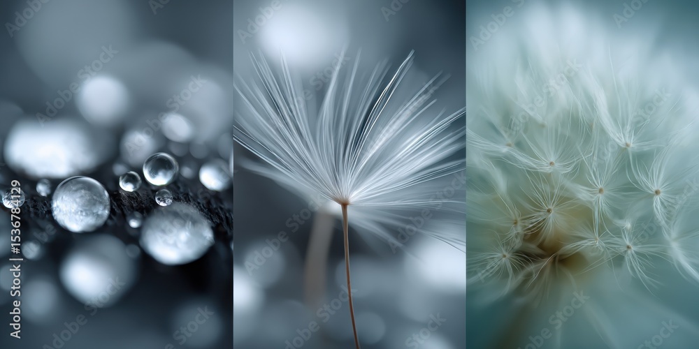 Poster dandelion seeds and water droplets in macro view, representing fragility and environmental awareness