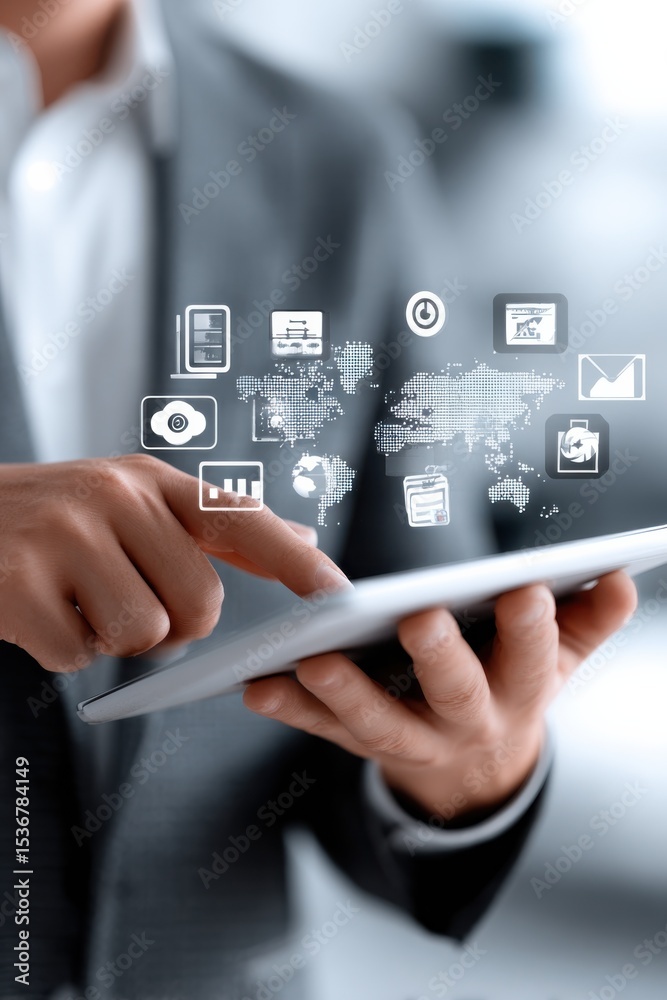 Poster Man Using Tablet With Digital World Map and Icons, Representing Global Business and Digital Transformation in the Workplace : Generative AI