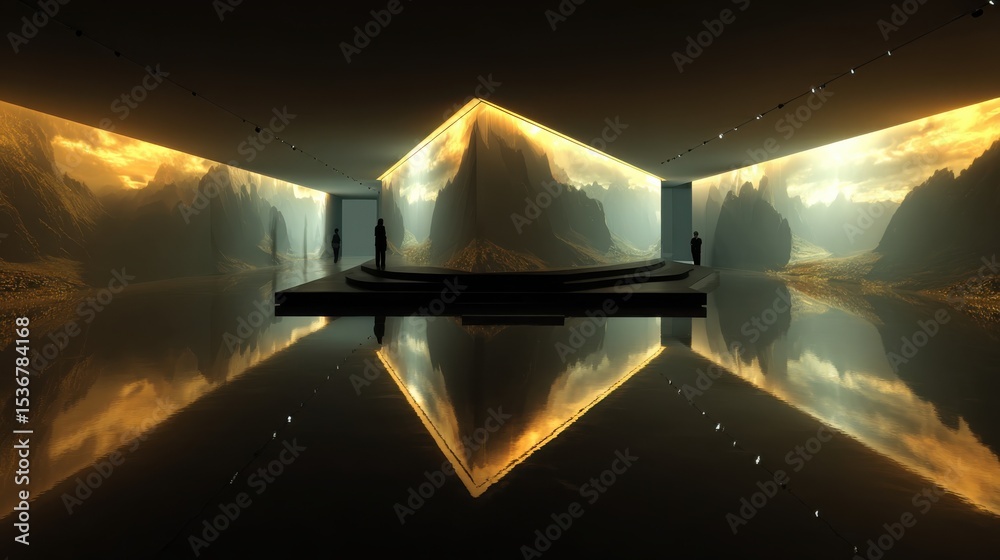 Poster abstract gallery with mountainscape projections and reflections, representing visionary art and corp