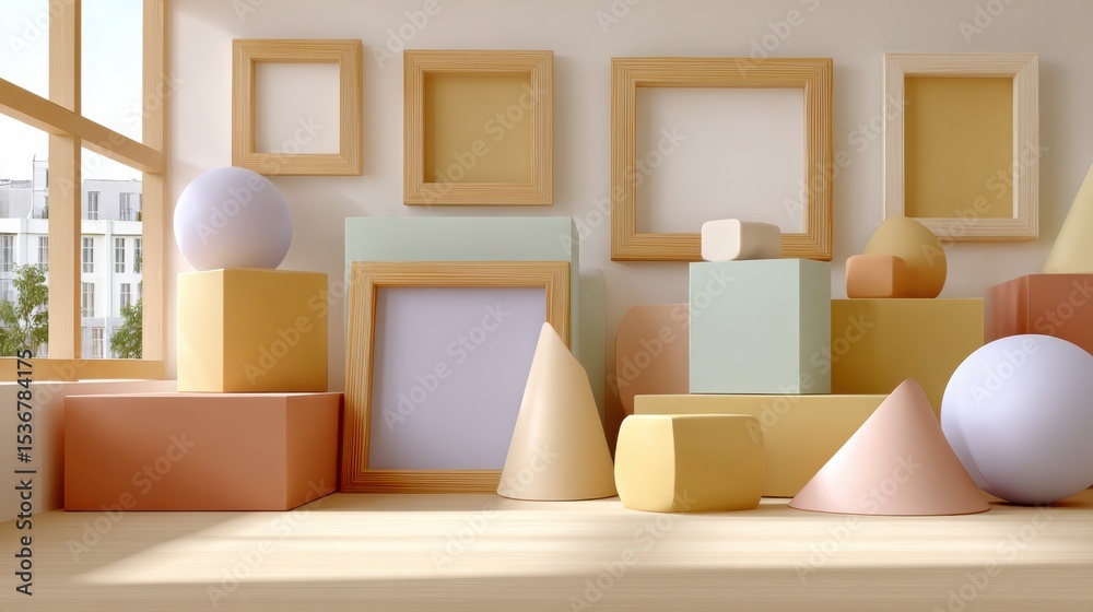Poster Geometric Pastel Shapes and Empty Frames in Soft Light, Ideal for Product Mockups and Creative Presentation : Generative AI