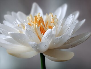 Fototapeta premium Close-Up of White Lotus Flower With Water Droplets, Symbolizing Purity and Spiritual Renewal for Wellness Campaigns and Inspirational Messages : Generative AI