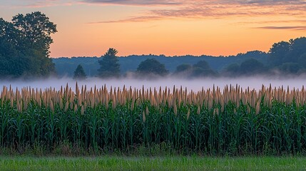 Misty sunrise over a cornfield